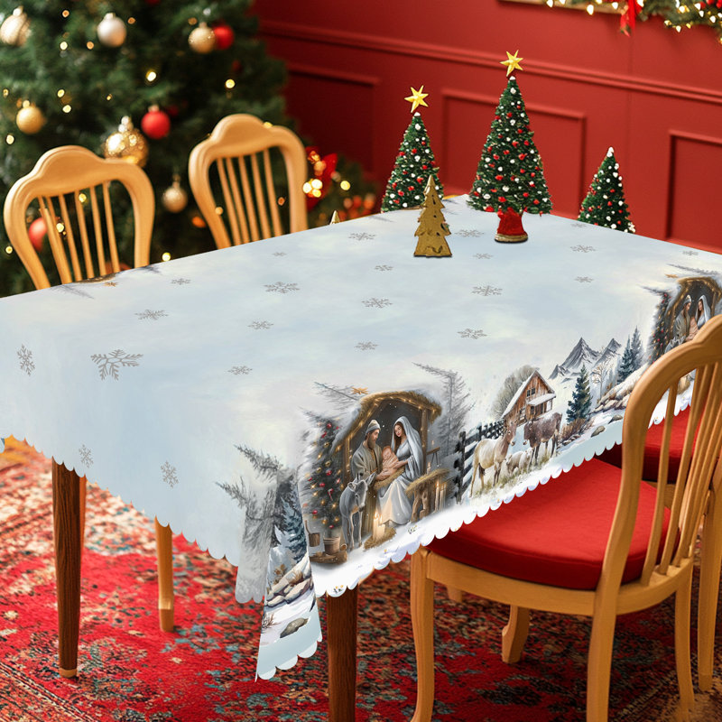 1pc Christmas Themed Print Tablecloth, Round/Rectangular Table Cloth, Mantel Para Mesa De Comedor, Xmas Decor, Holiday Party Indoor Dining Decor, Round Rectangle Christmas Table Cover, Festive Home Kitchen Accessory Gifts, Several Sizes Available