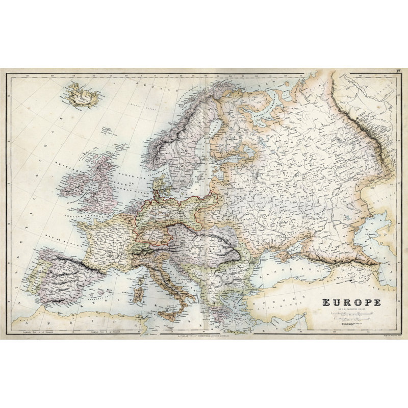 Pastel Map Of Europe by G.H. Swanston - Painting on Canvas, 30cm H x 46cm W, Black Floater Framed