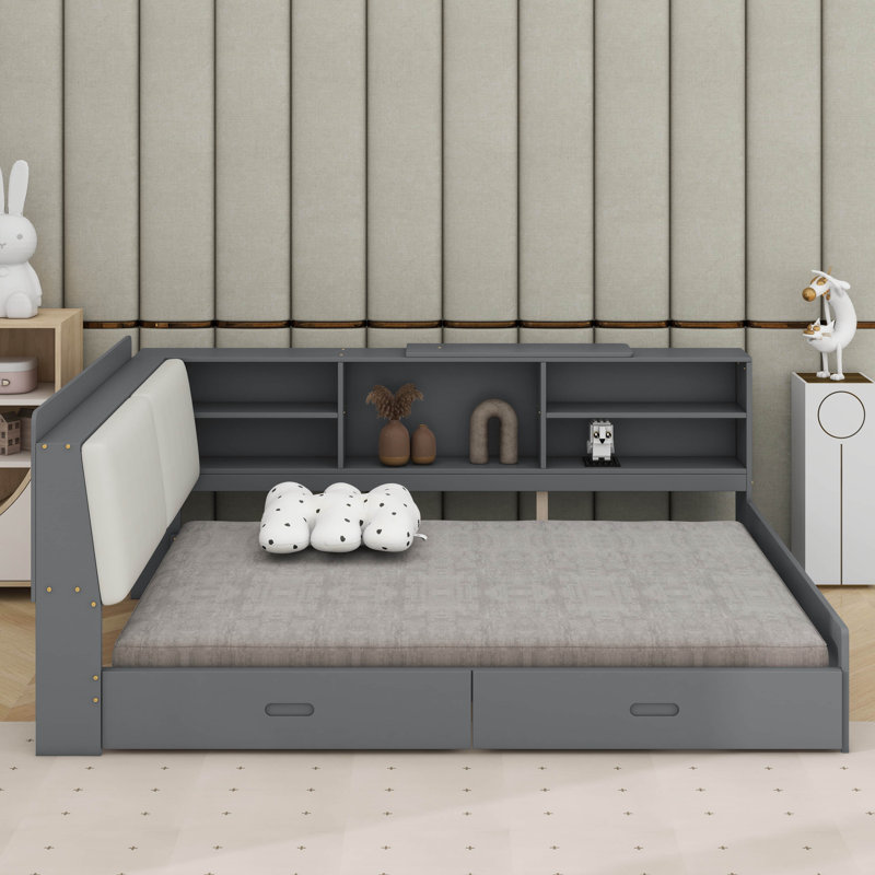 Lit plateforme double avec tête de lit, tablettes et 2 tiroirs, Gris / Blanc
