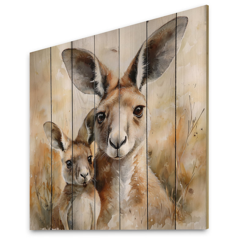 Portrait de kangourou et de Joey - Art mural moderne sur bois de pin naturel, H 25 po x l 25 po