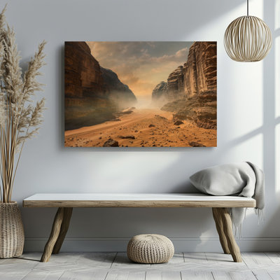 Toile, "Vast Arid Valley Scene Bathed In Warm Golden Hues", art mural avec imposantes falaises rocheuses encadrant le paysage de chaque côté, art mural