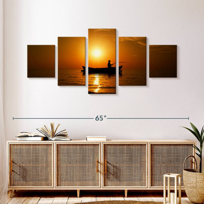 Pêche au coucher du soleil, H 24 po x l 55 po