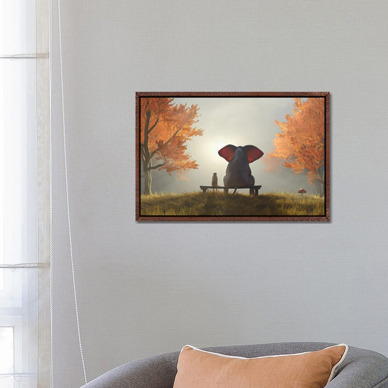 Elephant And Dog Sit In The Autumn Garden II by Mike Kiev - Print on Canvas, 66.04 cm H x 45.72 cm W