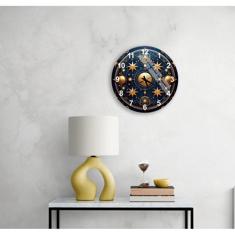 Horloge murale élégante en forme d'étoile céleste en verre trempé bleu et or silencieux, Blanc