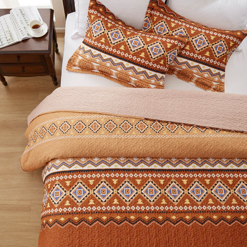 Ensemble de courtepointe 2 pièces pour lit simple - couvre-lit léger en microfibre et 1 taie décorative, motif aztèque Bohème rouille orange brûlé, surdimensionné 68 po x 86 po, couvre-lit toutes saisons