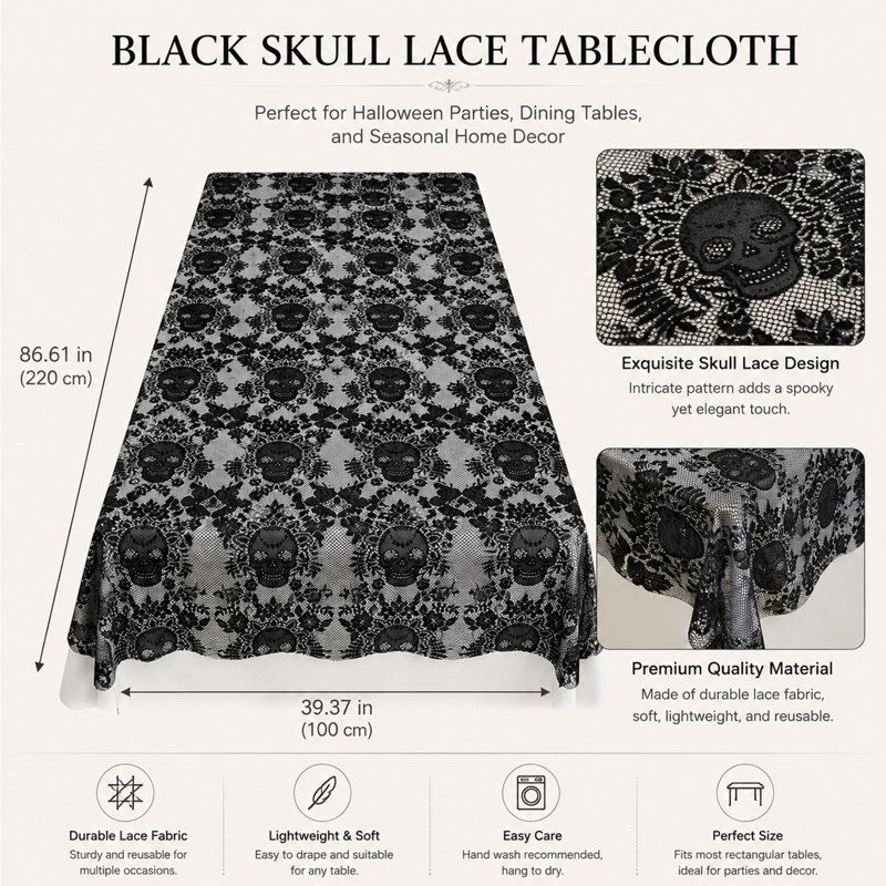 Black Lace Halloween Tablecloth 86.61x39.37 Inch, Skull Pattern Rectangular Polyester Table Cover for Halloween Party Dining Table Decor