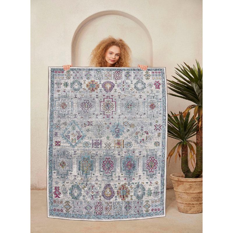 Warenne Soft Cotton Area Rug (23.6 x 39.4 inches) | 100% Cotton, 1200 g/m² | Pile Height: 0.4 inches, Total Thickness: 0.3 inches | Antibacterial, Non-Slip PVC Underside | Machine Washable, Elegant Pink, Blue, Green & Grey Design