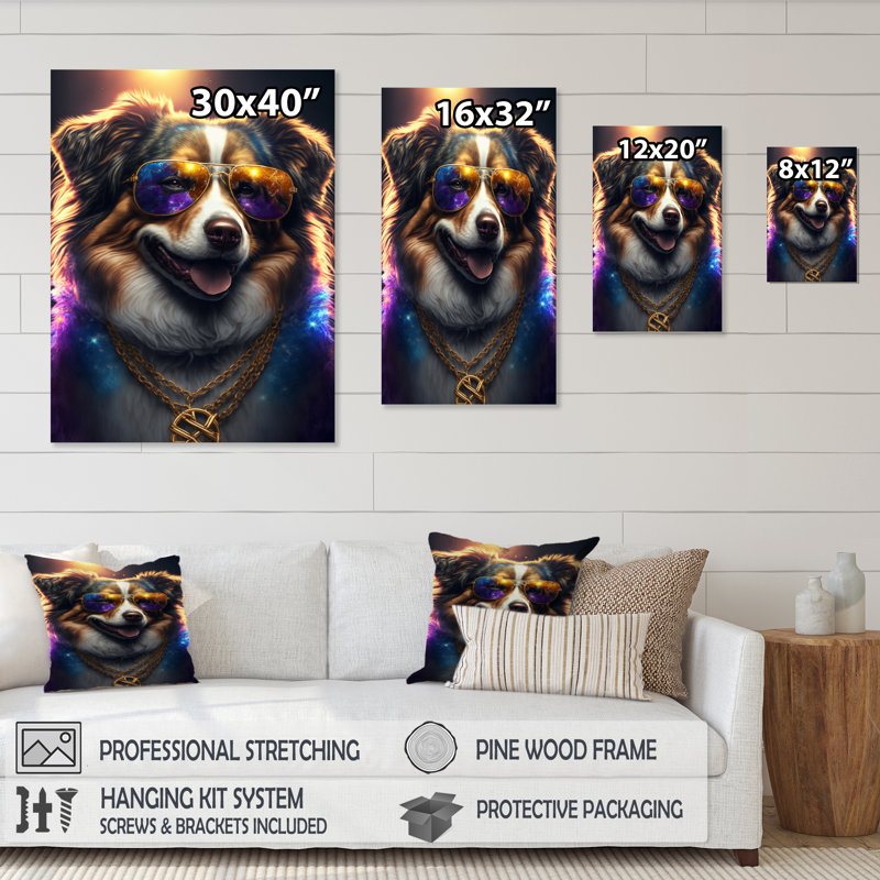 «Australian Shepherd Gangster in NYC», impression sur toile, H 20 po x l 12 po x P 1 po, Toile tendue