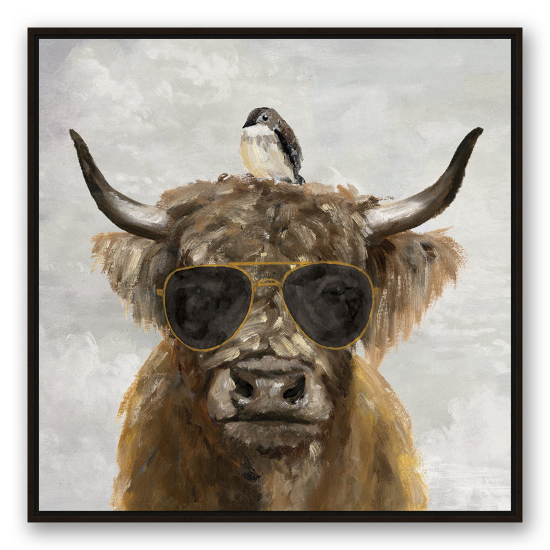 " Cool Highland Cow " Watercolor Painting, 37.75" H x 37.75" W x 1.75" D, Brown Floater Frame Canvas