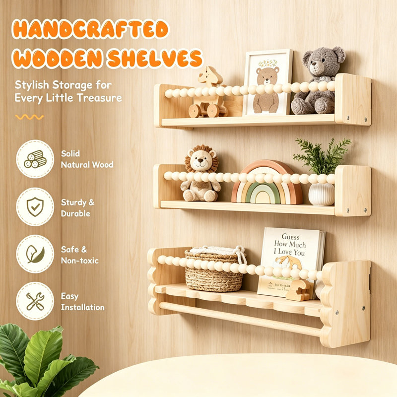 Set of 3 40cm Wooden Nursery Floating Book Shelves, Wall Mounted Kids Display Storage Shelving with Hanging Rail, Toy & Book Organiser for Children’s Bedroom Baby Nursery Wall Décor