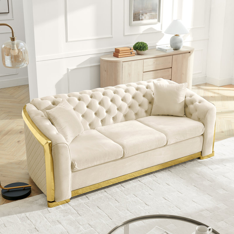 Canapé de luxe 84 po en velours capitonné avec décoration en acier inoxydable doré, Beige