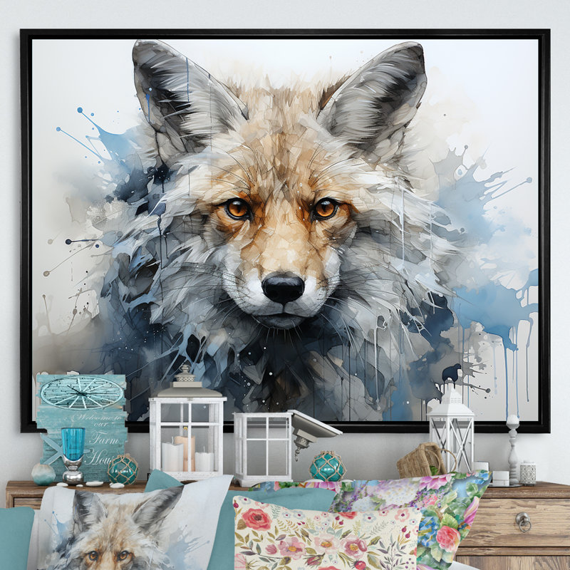 Portrait de renard bleu et blanc, Cadre flottant noir, H 34 po x l 44 po x P 1,5 po