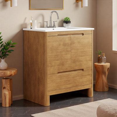 30" Modern Bathroom Vanity With Ceramic Sink, Freestanding Bathroom Cabinet With Natural Wood Grain, Soft-close Doors & Drawer And Adjustable Shelf