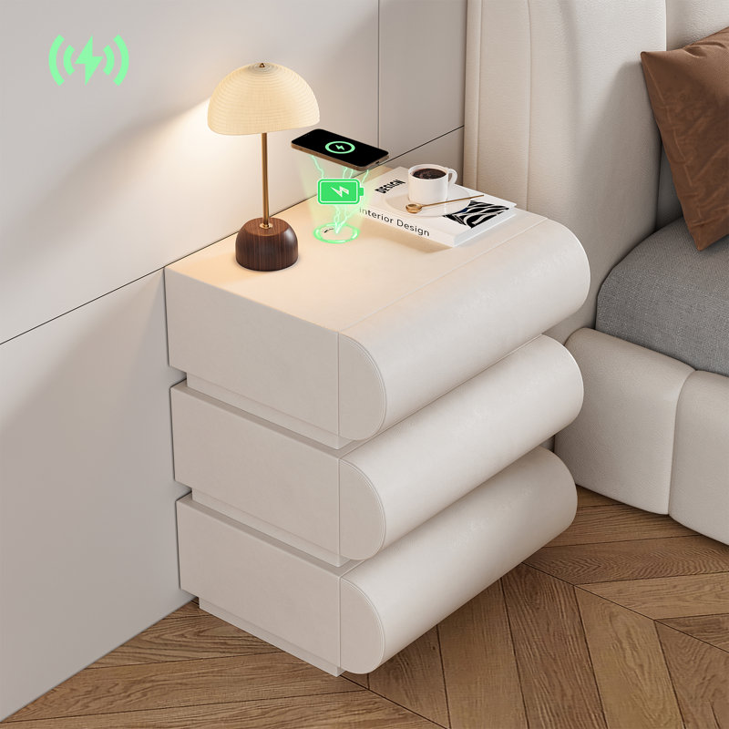 Modern White Leather Smart Nightstand with Wireless Charger and Drawers