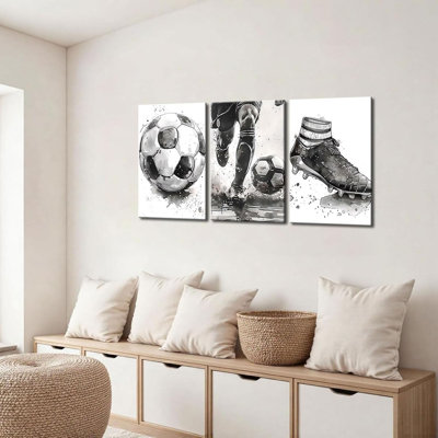 3 pièces de soccer sur toile, art mural noir et blanc, décor de photos, thème sportif moderne, affiches pour stade, garçons, vestiaire, salon, décoration de la maison