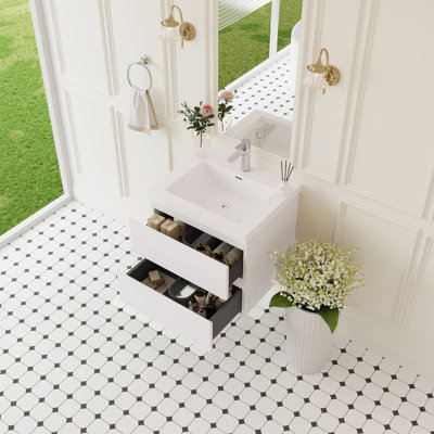 Meuble-lavabo mural moderne 24 po avec lavabo, tiroirs à fermeture en douceur, blanc brillant, faible coût d'entretien