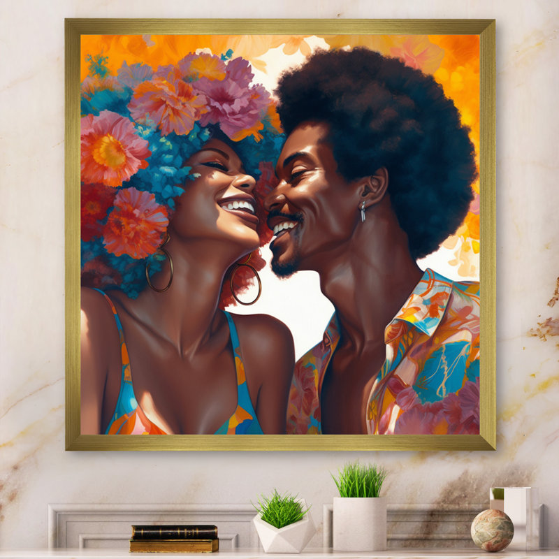 Beautiful Black Couple In Love II - Art mural romantique, H 16 po x l 16 po x P 1 po, Encadrement doré