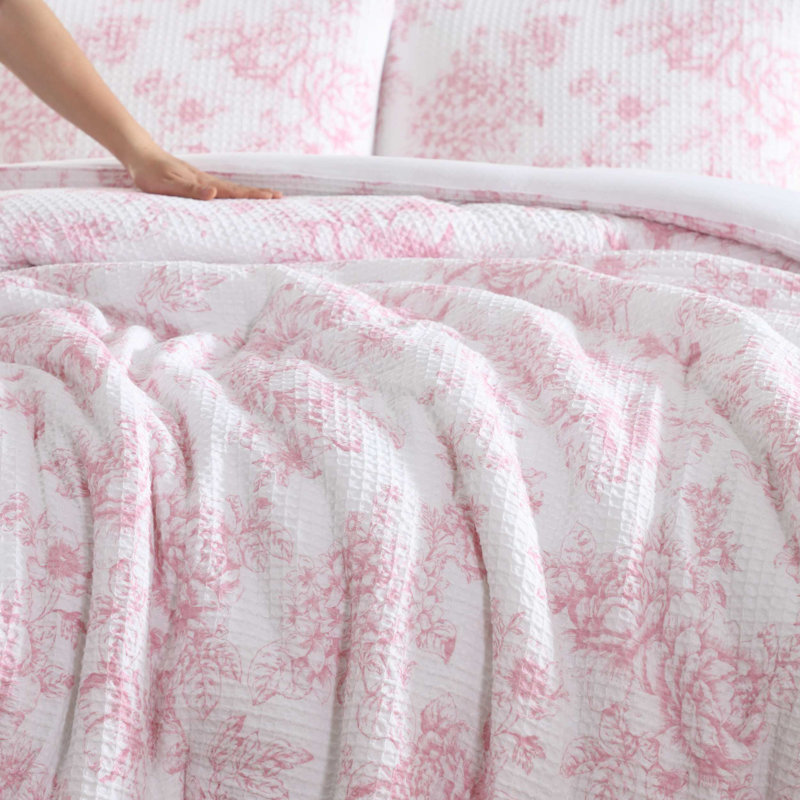Ensemble d'édredon rose gaufré Laura Ashley Delphine, Édredon pour grand lit + 2 taies décoratives