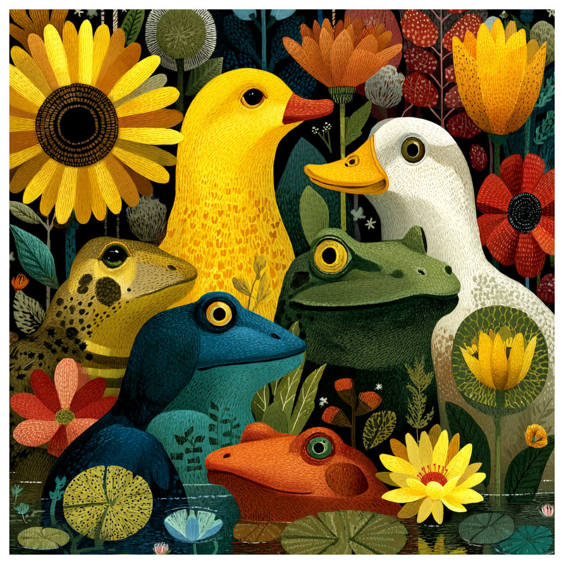 Grenouille, canards, fleurs, literie, animaux, couvre-lit, nature, Grand lit