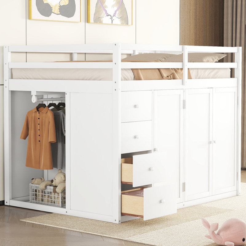 Jaquise Full Storage Loft Bed with Stairs, Armoires and Drawers, White