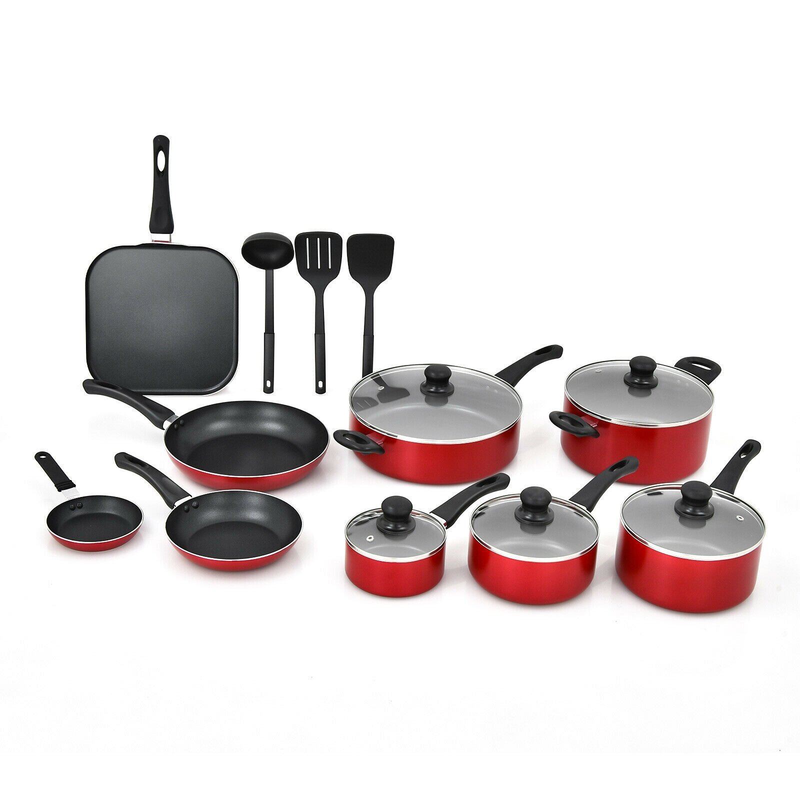 6 PCS Nonstick Cookware Set, Kitchen Cookware Set, Pan Set, Frying Pan,  Stock Pot, Milk Pan with Cool Touch Handle Red