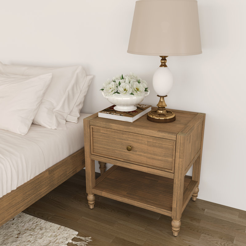 Table de chevet classique en bois massif de 59,4 cm de large, avec 1 tiroir, fini bois flotté., Bois flotté