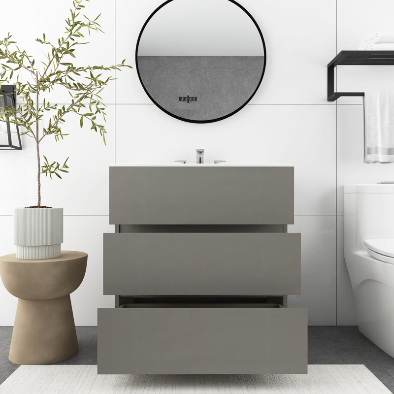 30 po Meuble-lavabo autoportant gris avec lavabo intégré en céramique