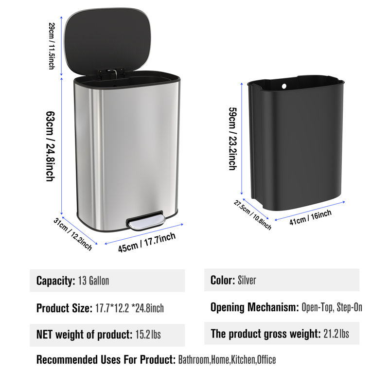 Poubelle à pédale en acier 13 gallons, Argent