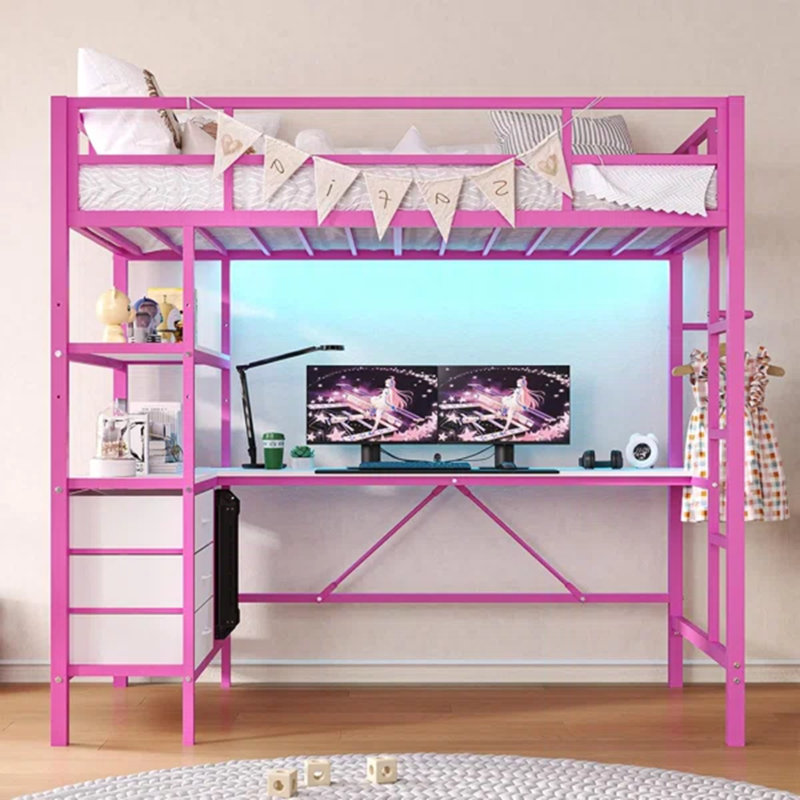 Twin Metal Loft Bed With L-shaped Desk, Led Lights,charging Station Led Loft Bed Frame Twin Size With 3 Storage Shelves And 3 Fabric Drawers, Safety Guard & Ladder, No Box Spring Needed