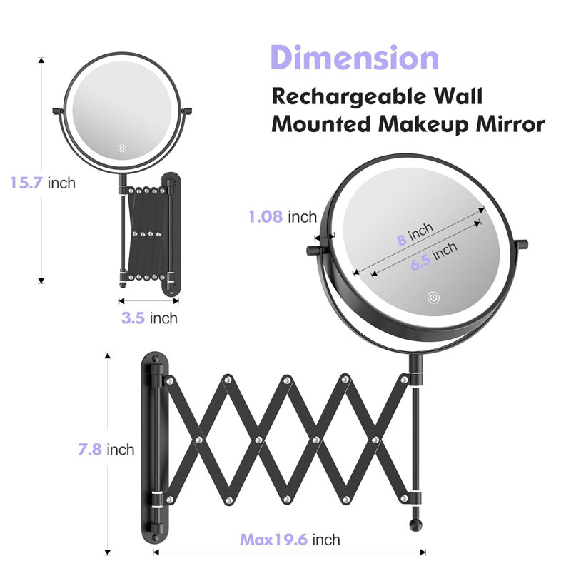 Modern Round Metal LED Lighted Magnifying Extension Wall Mounted Bathroom Vanity Makeup Mirror, Black, Black