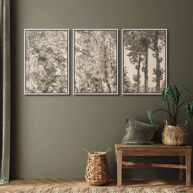Forest Landscape " Country Homestead Rustic Cabin And Trees Vintage Style Illustration Modern Decor Chic " 3 - Pieces, Blanc