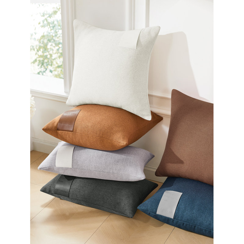 Decorative Solid Pillow Covers with Leather Label (Set of 2), Grayish Purple, 20"H x 20"W