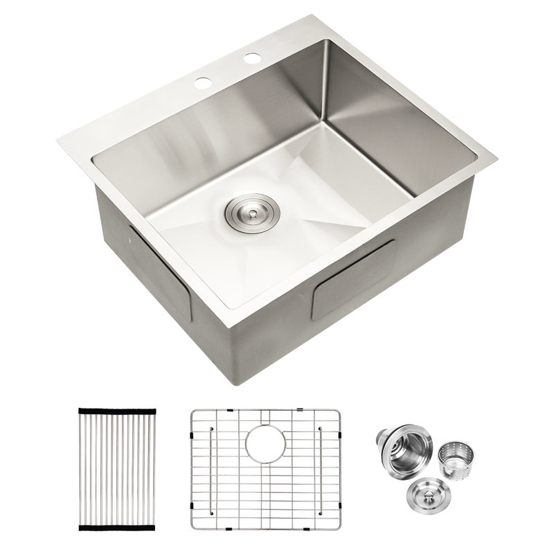 Stainless Steel Drop In Sink 25", 16 Gauge Build Quality, R10 Tight Radius Corners, Condensation Control, Include Dish Grid And Soundproof Drop-In Material, Radius, Deep Single Bowl Basin, Easy To