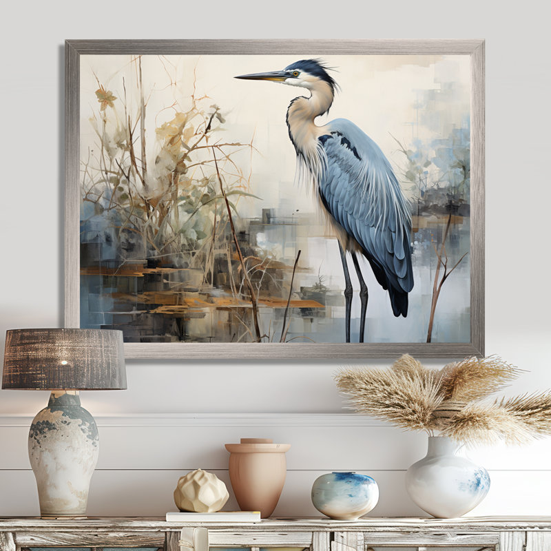 Grand héron bleu en harmonie Miminelle II - impressions sur toile héron, H 30 po x l 40 po, Cadre photo unique, Argent argent