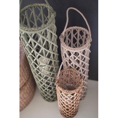  Willow Lantern Set with Glass Inserts – Tall 39.5" Decorative Lantern Trio in Green, Beige, and Brown, Set of 3