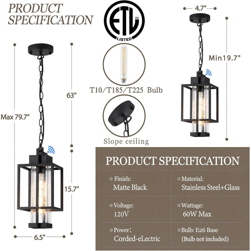 Dusk to Dawn Sensor Outdoor Pendant Light Sand Black Bubble Glass Adjustable Chain Porch Lamp
