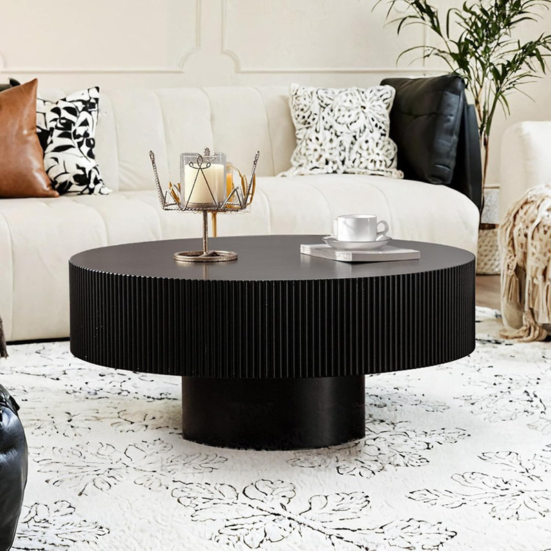 Table basse ronde en bois massif à rainure ronde en forme de tambour, centre de table circulaire moderne et rustique, pour un décor de salon et de ferme facile à nettoyer