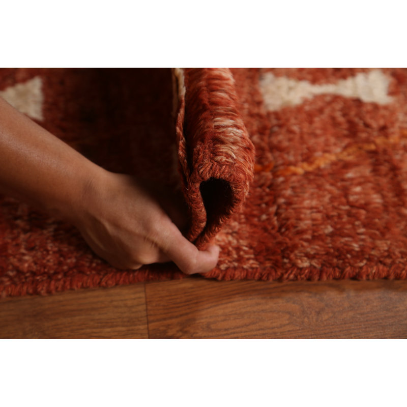 Tapis orange / ivoire en laine noué à la main de conception unique 7 pi x 9 pi 9 po New Age