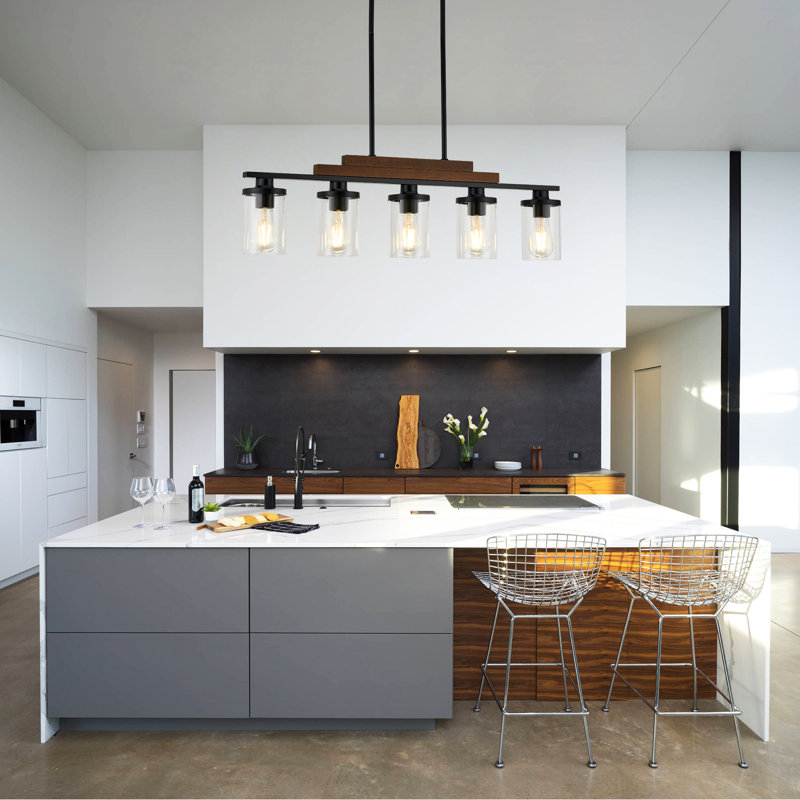 Luminaire suspendu de cuisine 5 lumières, lustre en bois à deux niveaux
