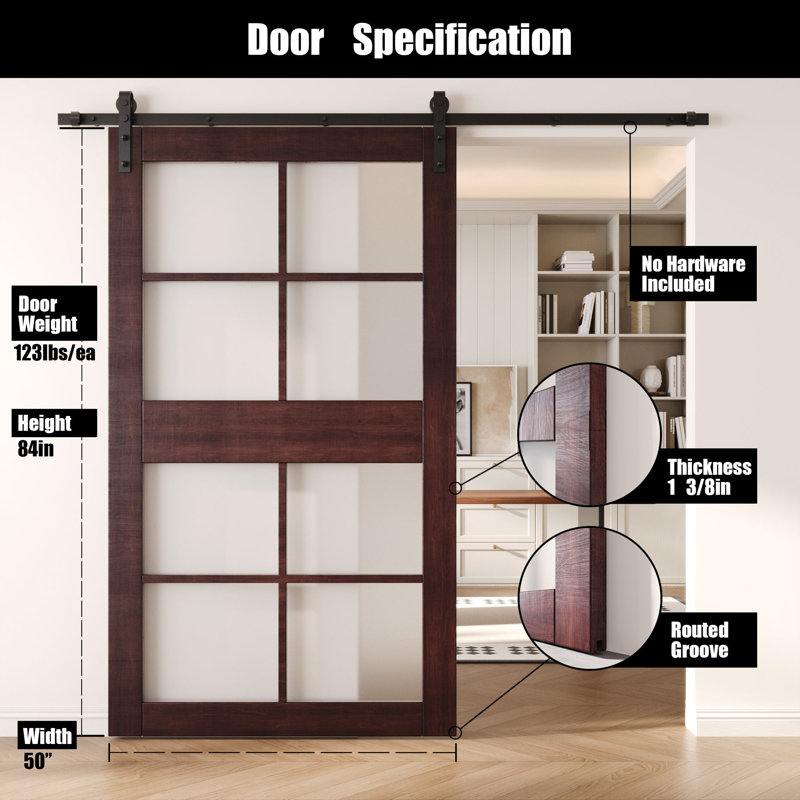 Porte de grange non assemblée et finie en verre de 8 po de 50 po x 84 po Homacer Red Homacer, usage intérieur seulement