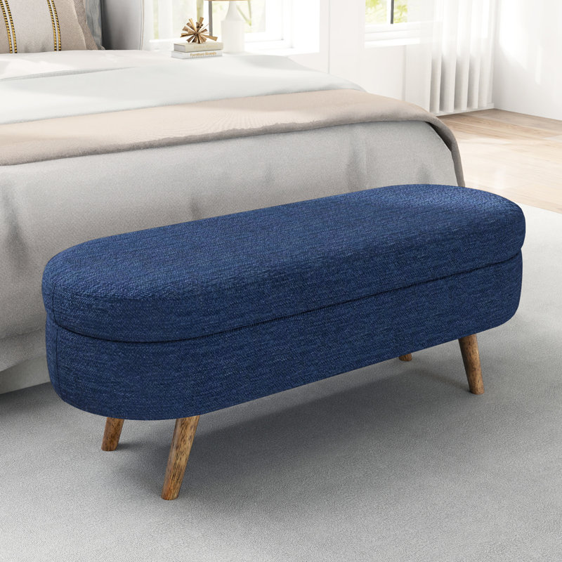 Banc de rangement ovale avec couvercle bleu, 43,5 po x 16 po x 16 po, pieds en bois d'hévéa, tabouret de pieds ou siège, fonction, assemblage rapide, décoration en tissu plissé, douceur et choix, fonctionnalité, installation facile et rapide,