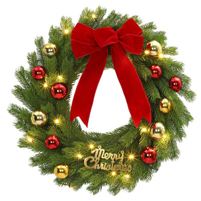 Couronne de Noël 18 "pré-éclairée avec 15 lumières rouges et vertes à motif de rubans écossais ornements