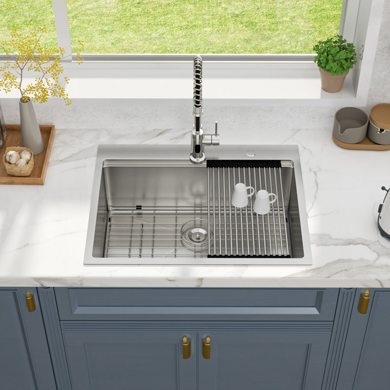 28" L x 22" W Drop-in Workstation Kitchen Sink 16 Gauge Stainless Steel Kitchen Sink Topmount Sink, Stainless Steel