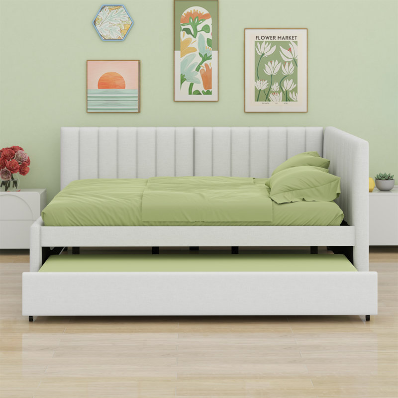 Upholstered Daybed With Trundle Sofa Bed Frame, Beige