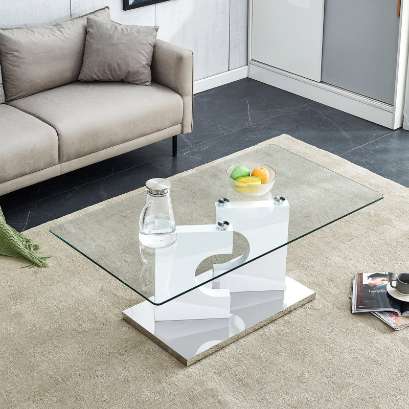 Table basse rectangulaire en verre trempé avec pieds blancs, idéale pour les tables de salon et les pieds