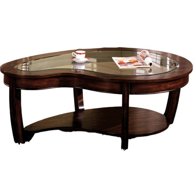 Contemporary Dark Cherry Coffee Table With Solid Wood Base And Glass Insert Tempered Shelf