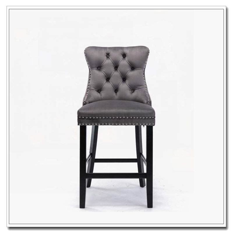 Tabourets de bar rembourrés en velours avec décoration capitonnée et pieds en bois, Noir, Gris