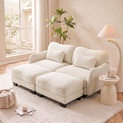 Canapé lounge surdimensionné à deux places incurvé en chenille avec 2 poufs amovibles et coussins lombaires, beige