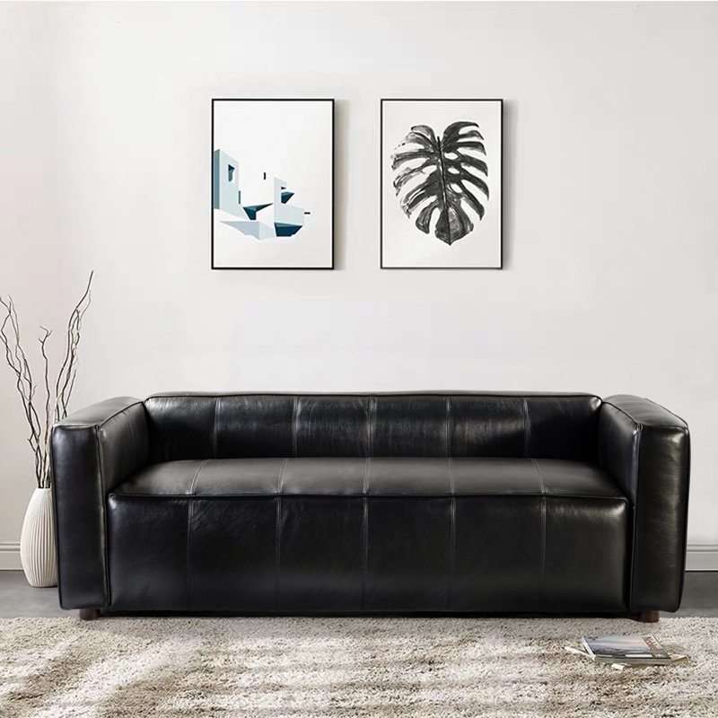 Beatryce 80" Genuine Leather Tuxedo Arm Sofa, Black Genuine Leather