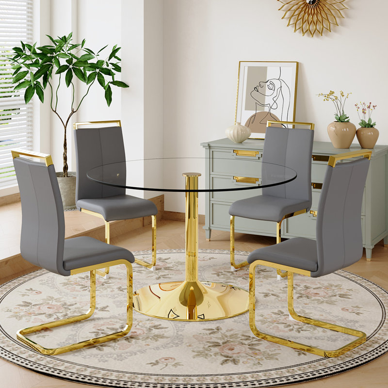 5 - Piece Pedestal Dining Set, 29.5"H x 47"L x 47"W, Light Gray